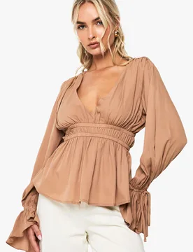 Womens Tie Cuff Peplum Blouse - Mocha - Size 10 Uk - Boohoo - FashionsVida