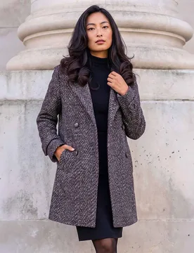Petite Double Breasted Funnel Neck Pea Coat Black female - Roman - FashionsVida