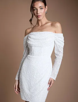 Women's Bardot Long Sleeve Wrap Skirt Embellished Mini Dress in Ivory Size: 8 - Ivory - Size: 8 - Coast - FashionsVida