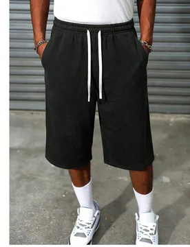 Pantalones capri casuales holgados para hombre con bolsillos laterales y cordón, de fibra de poliéster negro puro, regalo perfecto para novio y padr - Shein - FashionsVida