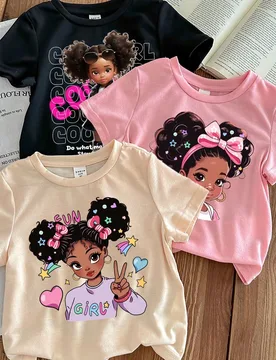 Conjunto informal de 3 piezas para niña en verano: Camiseta de manga corta y cuello redondo de unicolor con estampado de dibujos animados, adecuado p - Shein - FashionsVida