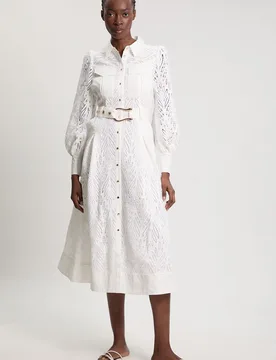 Womens Petite Cotton Cutwork Woven Shirt Midi Dress - White - Size 6 Uk - Karen millen - FashionsVida