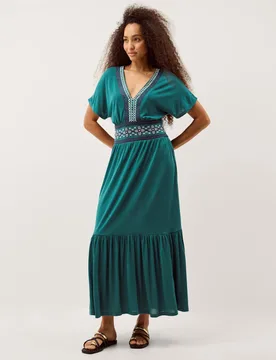 Jersey Embroidered V-Neck Midi Waisted Dress Teal female - Monsoon - FashionsVida