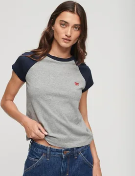 Superdry Damen Grau und Blau Essential Raglan-T-Shirt aus Bio-Baumwolle mit Logo Farbblock, Größe: 42 - 29.99 - FashionsVida