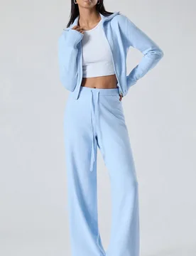 Conjunto casual de 2 piezas para mujer con cárdigan de color liso con cremallera y pantalones de punto, ropa de otoño-invierno, azul claro, para uso - Shein - FashionsVida