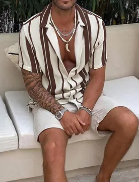 Camisa de manga corta a rayas con bloques de color casual para hombre, estilo cómodo de vacaciones, ropa de resort XS - Shein - FashionsVida