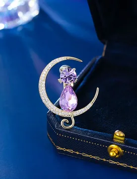 A Crescent Moon Crystal Purple Cat Brooch High-end Women Creative Cute Style Safety Pin Fashion Accessories Wholesale - Aliexpress - FashionsVida