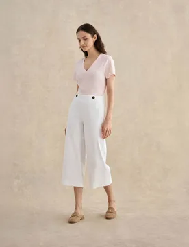 Cotton Blend Wide Leg Cropped Trousers White female - Hobbs - FashionsVida