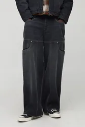 Mens Baggy Fit Washed Carpenter Panelled Jeans - Charcoal Cotton - Size 32r