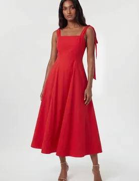 Women's Viscose Linen Tie Strap Woven Prom Dress in Red Size: 16 - Red - Size: 16 - Karen millen - FashionsVida
