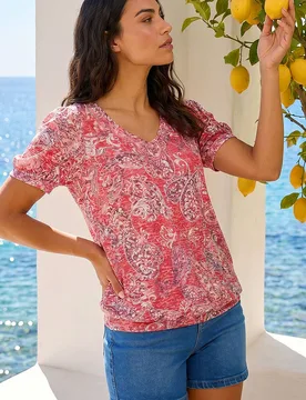 Women's Paisley Burnout Blouson Top in Red Size: 18 - Red - Size: 18 - Roman - FashionsVida