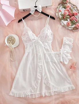 Piezas Camisón de mujer con escote en V sexy de encaje, adecuado para uso en casa [Patrón floral en el pecho y colocación del panel frontal al azar - Shein - FashionsVida