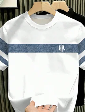 Camiseta clásica de rayas con logotipo H dividida para hombres, esencial de verano M - Shein - FashionsVida