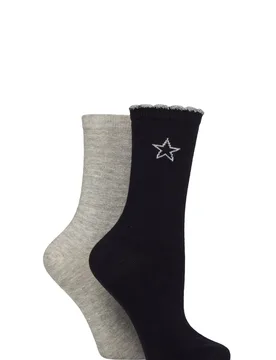 Women's 2 Pair Sparkle Stripe and Star Socks Navy One Size - Blue - Size: One Size - Charnos - FashionsVida