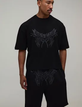 Mens Oversized Boxy Studded T-Shirt & Relaxed Short Set - Black Cotton - Size X-Small - boohooMAN - FashionsVida