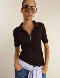 Pure Cotton Ribbed Half Zip Top Brown female