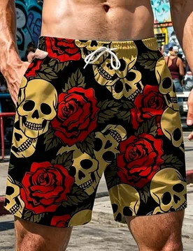 Pantalones cortos de playa holgados para hombres con estampado digital de calavera y rosa, pantalones cortos deportivos ligeros adecuados para verano, - Shein - FashionsVida
