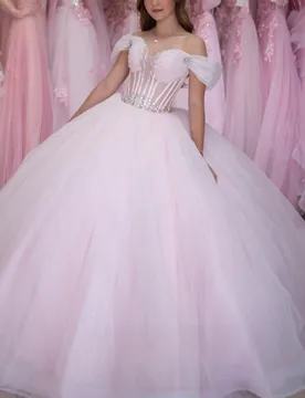 Light Pink Shiny Quinceanera Dresses Off The Shoulder Beading Crystal Tull Party Birthday Sweet 16 Dress Vestidos 15 De Anos - Aliexpress - FashionsVida