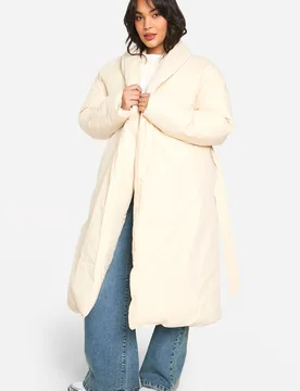 Womens Plus Belted Duvet Puffer Coat - Cream Cotton - Size 26 Uk - Boohoo - FashionsVida
