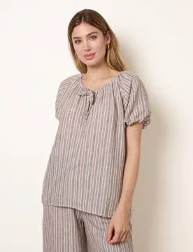 Tie Front Stripe Blouse - S / CHOCOLATE - female - Blue Vanilla - FashionsVida