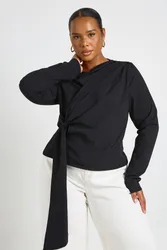 Womens Plus Knot Tie Long Sleeve Top - Black - Size 20 Uk