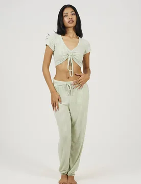Women's Ribbed Cropped Vest & Jogger Lounge Set Pants in Pale Green Size: Medium - Pale Green - Size: M - Brave soul - FashionsVida