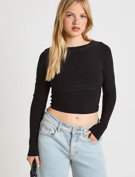 Womens Petite Double Layer Slinky Long Sleeve Top - Black Elastane - Size 10 Uk - Boohoo - FashionsVida