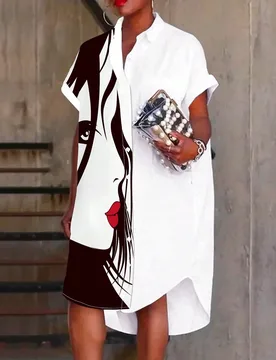 Vestido De Verano Con Espalda Larga Y Parte Delantera Corta Con Estampado De Rostro Humano Con Botones Delanteros Y Mangas Cortas XL - Shein - FashionsVida