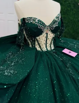 Dark Green Quinceanera Dress off-shoulder Glitter Crystal Layering Decal Long tail Bow vestidos de 15 Quinceanera ﻿Customize - Aliexpress - FashionsVida