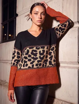 Petite Animal Print Colour Block V-Neck Jumper Orange Mix female - Roman - FashionsVida