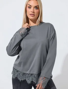 Women's Lace Hem Long Sleeve Top in Light Grey Size: 16 - Light Grey - Size: 16 - Yours - FashionsVida
