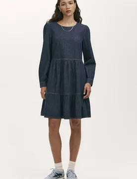 Women's Nancy Denim Short Tiered Dress in Dark Indigo Size: 16 - Dark Indigo - Size: 16 - Finery London - FashionsVida
