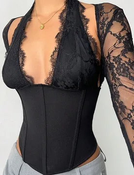Blusa de manga larga con encaje romántico, elegante y seductor, con diseño ajustado y calado, apropiada para citas, fiestas y salidas XS - Shein - FashionsVida