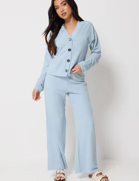 Women's Petite Ribbed Top & Trousers Set in Light Blue Size: 12 - Light Blue - Size: 12 - PixieGirl - FashionsVida