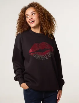 Rhinestone Lips Sweatshirt - ONE / BLACK - female - Blue Vanilla - FashionsVida