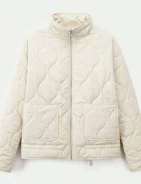 Abrigo acolchado de manga larga con cuello alto, bolsillos y estampado de diamantes en color marfil para mujer, ropa de invierno S - Shein - FashionsVida
