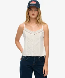 Superdry Damen Spitzenträgertop mit Durchgehender Knopfleiste White - Größe: 40