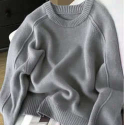 Suéter de punto de manga larga de cuello redondo de unicolor minimalista suave & acogedor para mujer otoño M