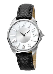 Women's Logo Silver Dial Calfskin Leather Watch in Black - Black - Size: One Size