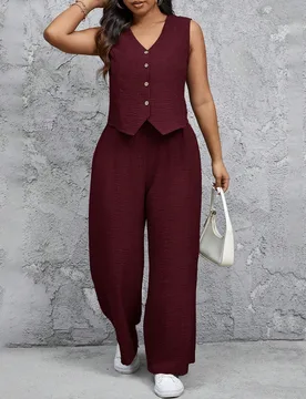 Conjunto casual de talla grande de chaleco y pantalones de unicolor 1XL - Shein - FashionsVida