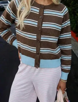 Cárdigan de punto a rayas marrón para mujer, otoño invierno, cuello redondo, manga larga, suéter corto, elegante, preppy, casual, sexy, para uso d - Shein - FashionsVida