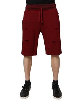 Mens Distressed Shorts Casual Wear - Dark Red Cotton - Size Eu 48 (Mens) - Dolce & Gabbana - FashionsVida