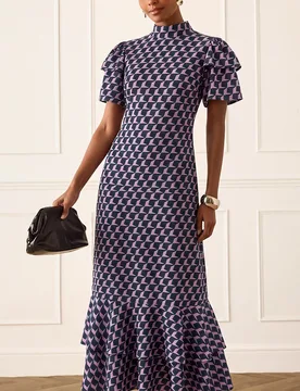 Vestido largo elegante premium para mujer con mangas de volantes y estampado geométrico, vestido versátil de alta gama, adecuado para ir al trabajo, - Shein - FashionsVida