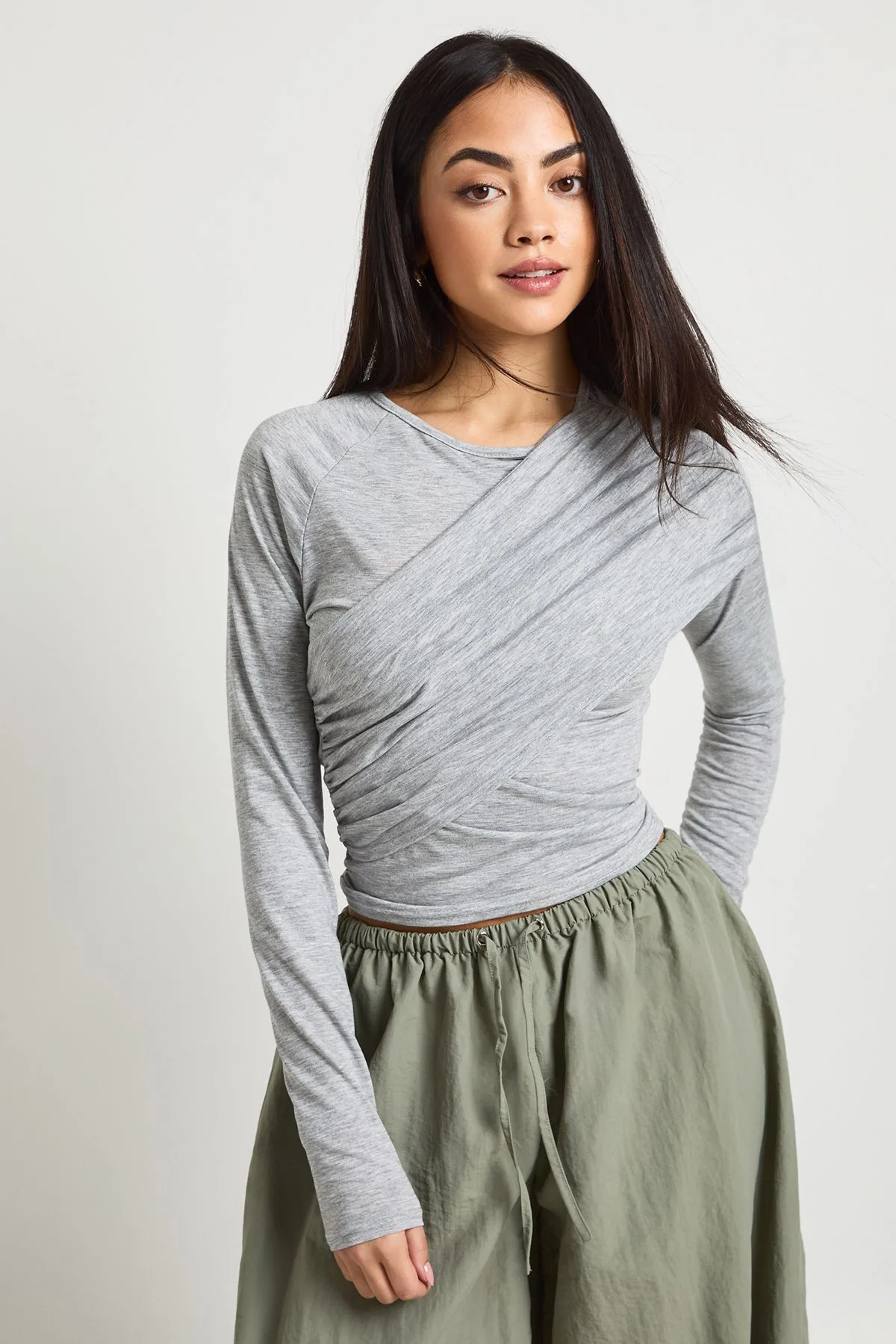 Womens Ruched Panel Long Sleeve Top - Grey Elastane - Size 6 Uk - Boohoo - FashionsVida
