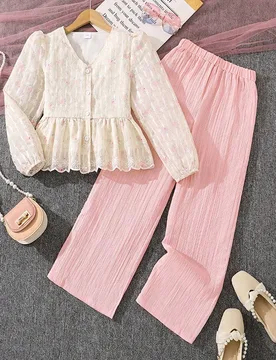 Conjunto de 2 piezas de blusa de manga larga con estampado floral elegante y pantalón de pierna recta para niñas, para primavera/otoño 12Y - Shein - FashionsVida