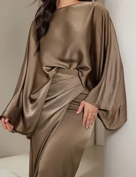 Set de 2 piezas de blusa de manga larga y falda casual de cuello redondo de color sólido para mujer, conjunto modesto XL - Shein - FashionsVida