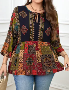Camisa Top Peplum Talla Grande Casual Boho Vintage 90s Estampado Floral Vacaciones Azul Marino Verano 5XL - Shein - FashionsVida