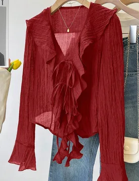 Blusa elegante romántica francesa con cuello en V, plisada, con lazo y volantes, para fiesta de té y uso diario, color rojo burdeos, otoño M - Shein - FashionsVida