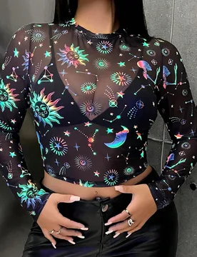Top De Malla Con Cuello Redondo Y Estampado De Sol Y Luna De Talla Grande Para Mujer 2XL - Shein - FashionsVida