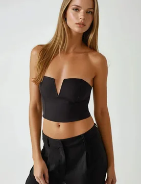 Womens Strapless Fitted Crop Top With Back Gathering - Black - Size Large - Hiccup - FashionsVida